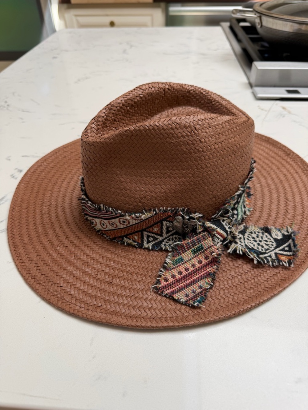 Wyeth Woven Brown Fedora with Patterned Scarf Band